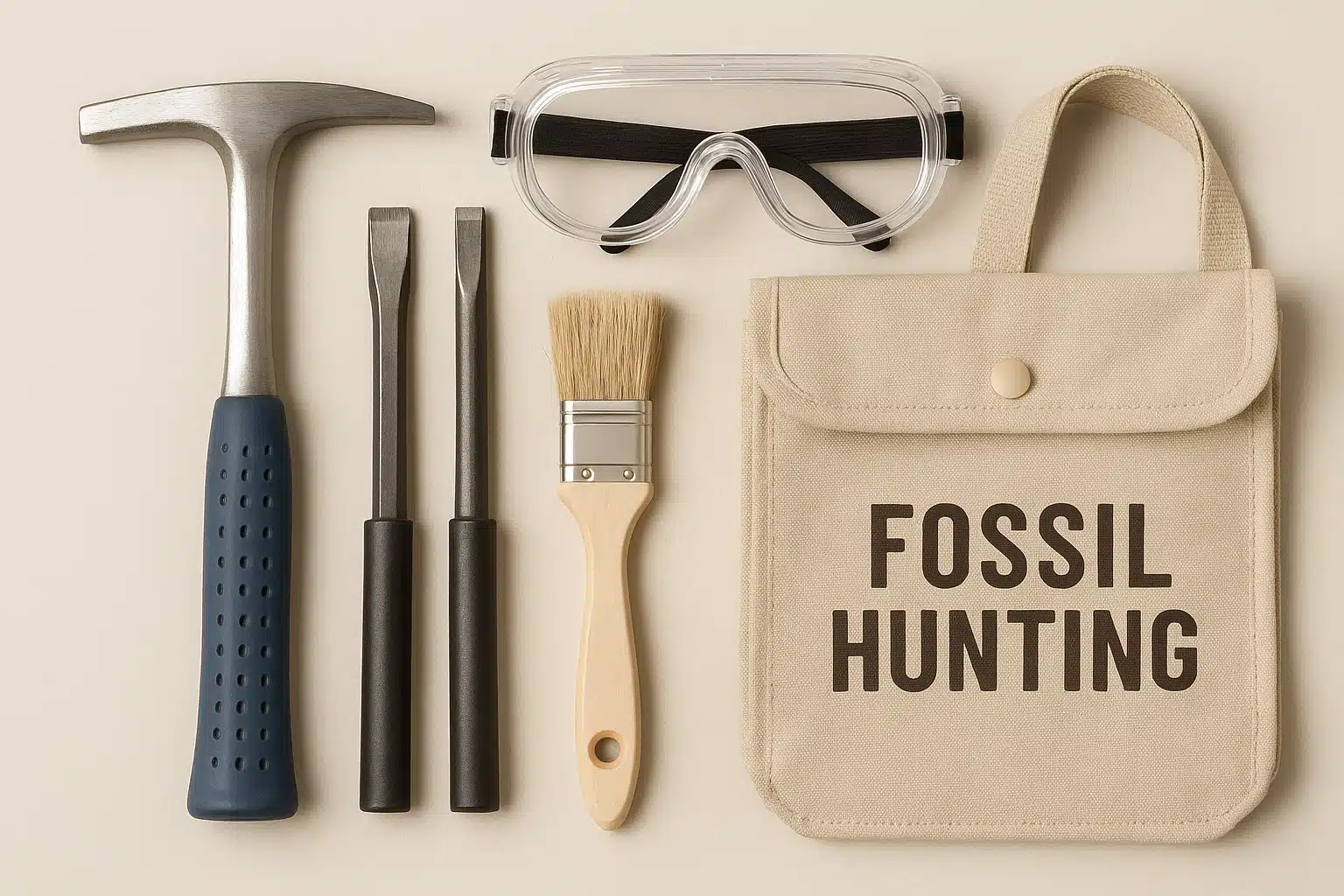 Flat lay arrangement of fossil hunting tools including rock hammer, chisels, safety goggles, brush, and collection bag on neutral background, clean product photography style