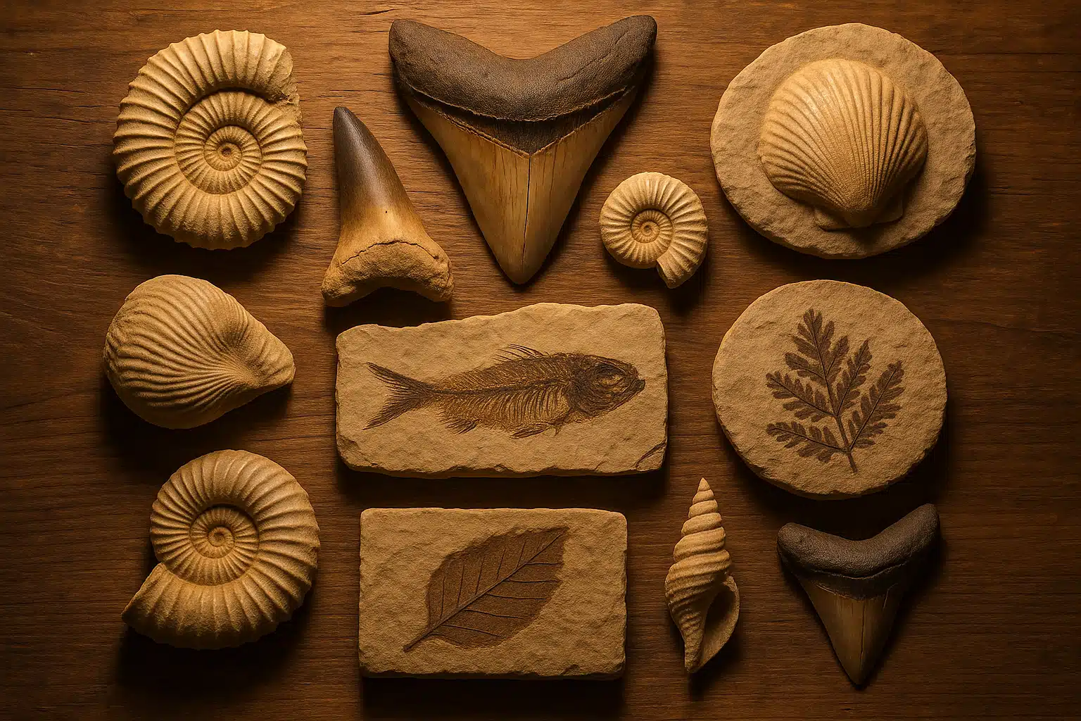 Beautiful collection of cleaned and prepared fossils displayed on a natural wood surface, various types including shells, teeth, and plant imprints, warm lighting, inspiring and educational atmosphere