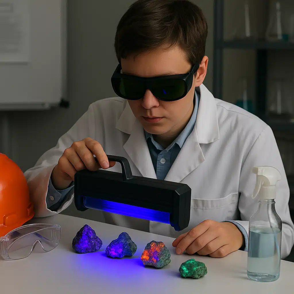 Educational setup showing person wearing UV protection glasses examining minerals under portable UV lamp on laboratory table, safety equipment visible, professional scientific environment