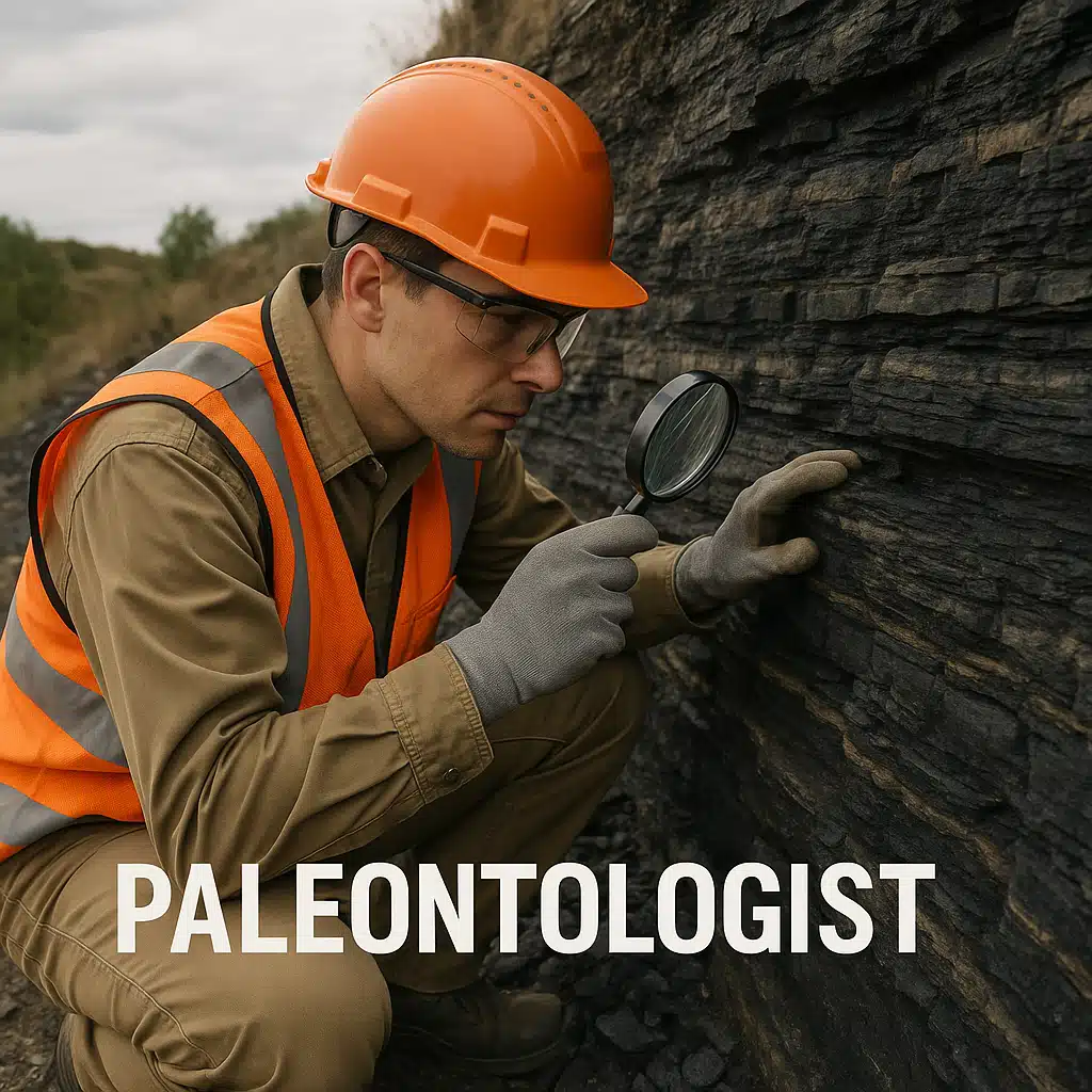 Paleontologist examining rock layers at a coal shale outcrop, wearing safety equipment, holding magnifying glass, outdoor field work setting, professional documentation atmosphere