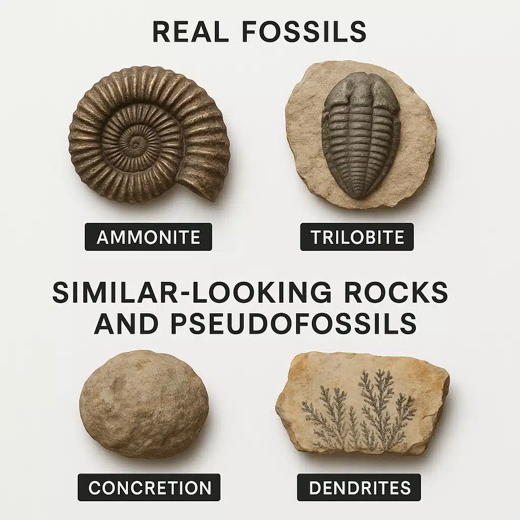 Educational comparison layout showing real fossils versus similar-looking rocks and pseudofossils, labeled specimens arranged on white background, clear informational reference style