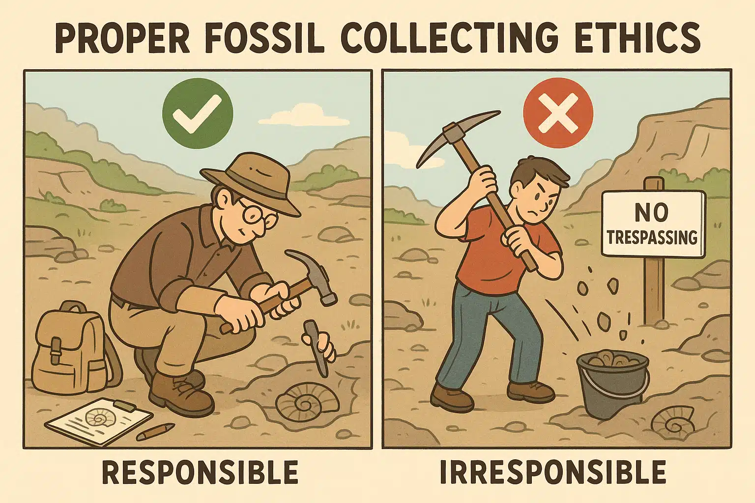 Educational illustration showing proper fossil collecting ethics, split-screen comparison of responsible versus irresponsible practices, clear visual communication, informative design