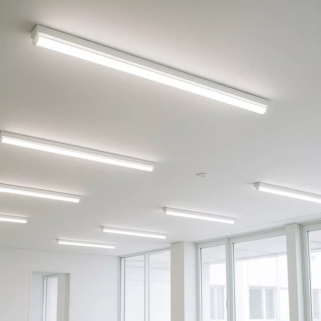 Modern fluorescent tube lights installed in a bright commercial or office space with clean white lighting creating a well-illuminated professional environment, architectural interior photography style