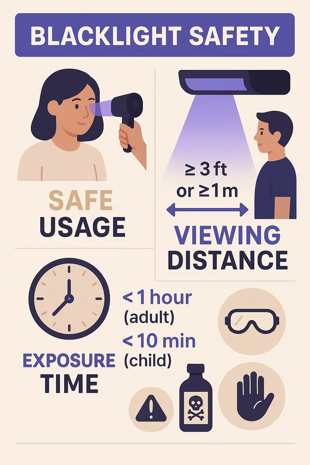 Educational infographic showing safe blacklight usage practices, proper distances, exposure time recommendations, and safety icons in modern flat design style