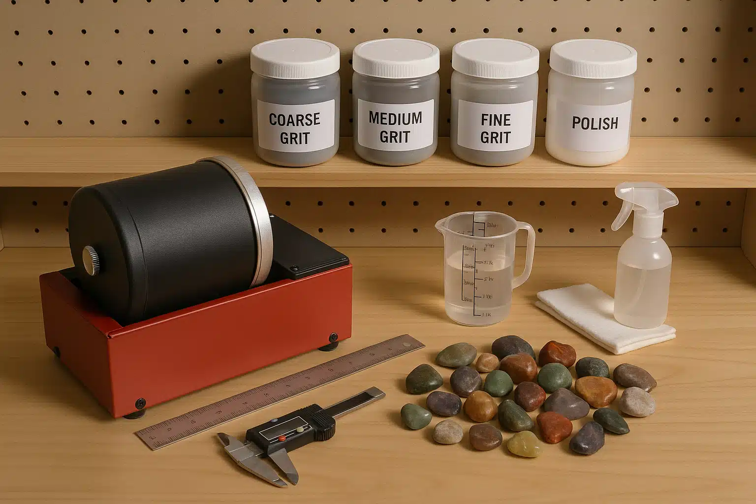 Organized rock tumbling workspace showing tumbler machine, multiple containers of different grits labeled and arranged, measuring tools, cleaning supplies, and collection of stones ready for processing, well-lit workshop setting