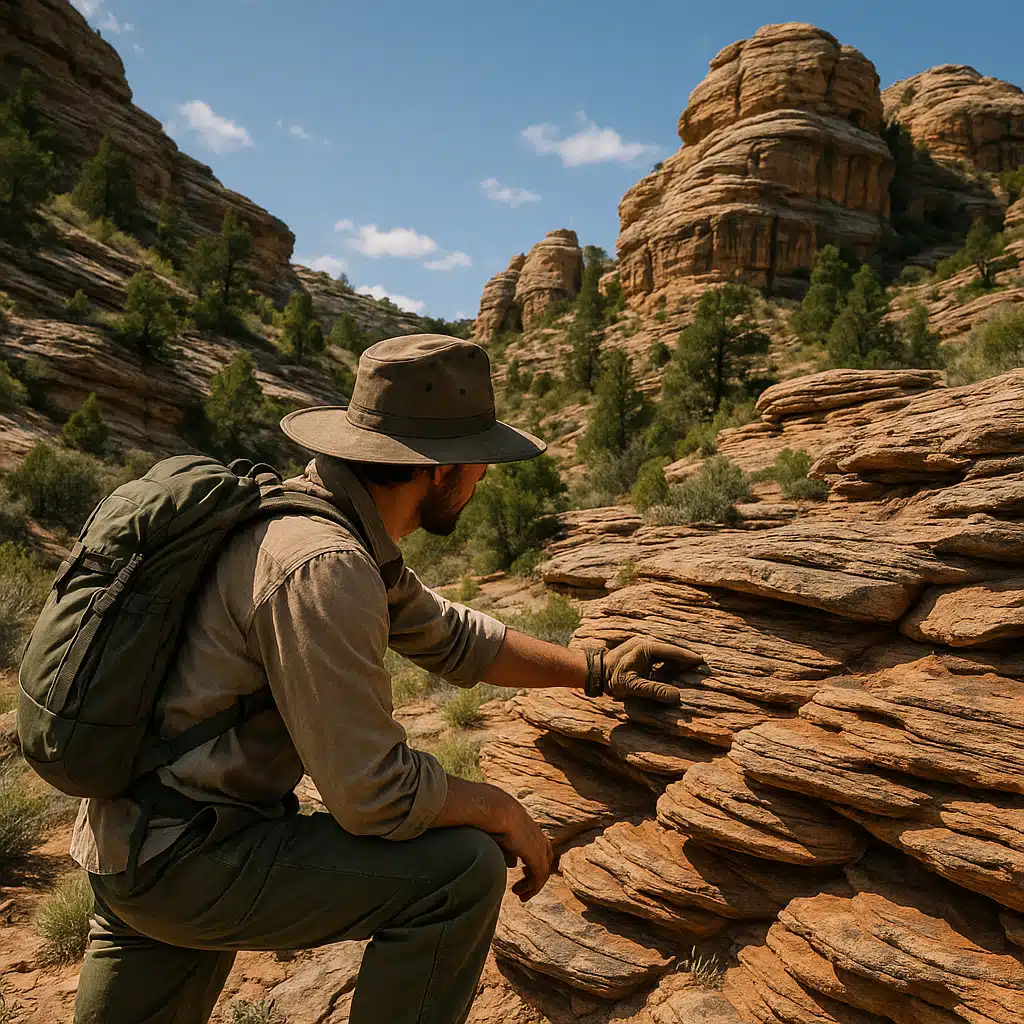 Person wearing appropriate outdoor gear examining rock formations in natural setting, wide-brimmed hat and sturdy clothing visible, scenic geological landscape, daytime