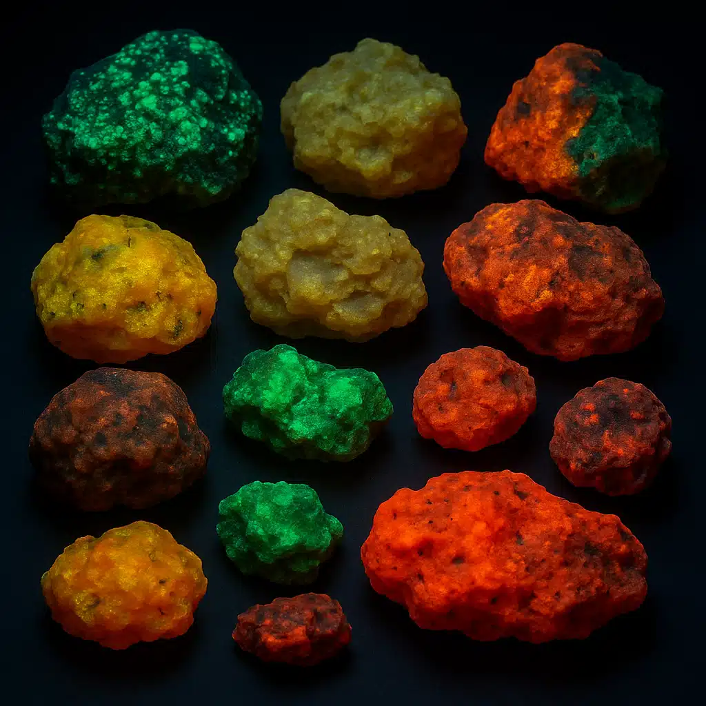 Collection of various fluorescent minerals displayed on dark surface under UV light, showing different colors including green, yellow, orange and red glows, museum-quality photography with detailed textures