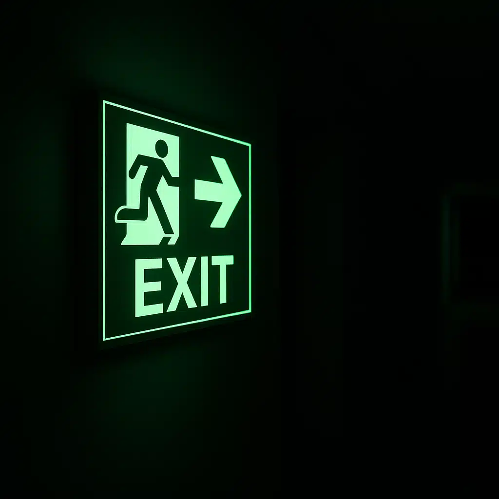 Emergency exit sign with green phosphorescent glow visible in a darkened hallway, clear and bright safety signage with universal exit symbol, professional safety equipment photography