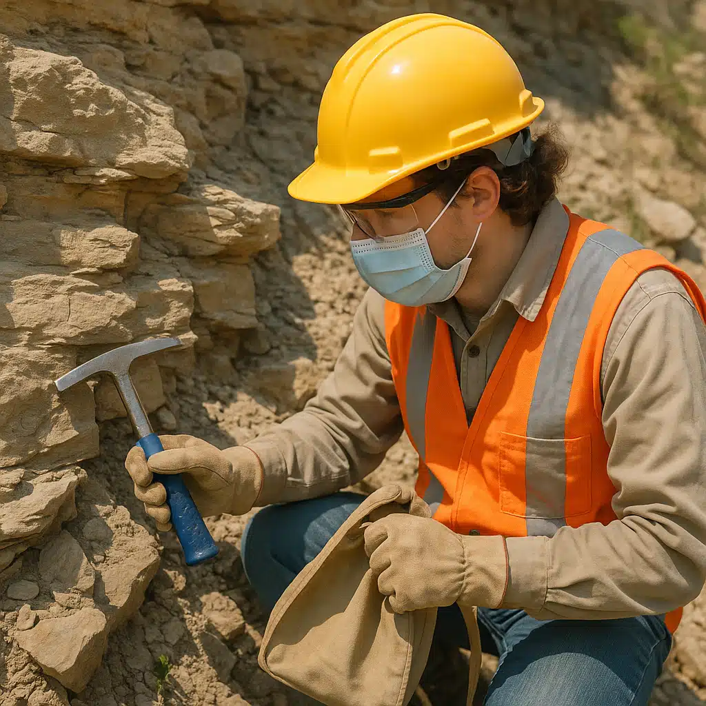 Person wearing safety gear examining rock formations with geological hammer and collection bag, outdoor fossil hunting scene in sedimentary rock area, practical educational demonstration