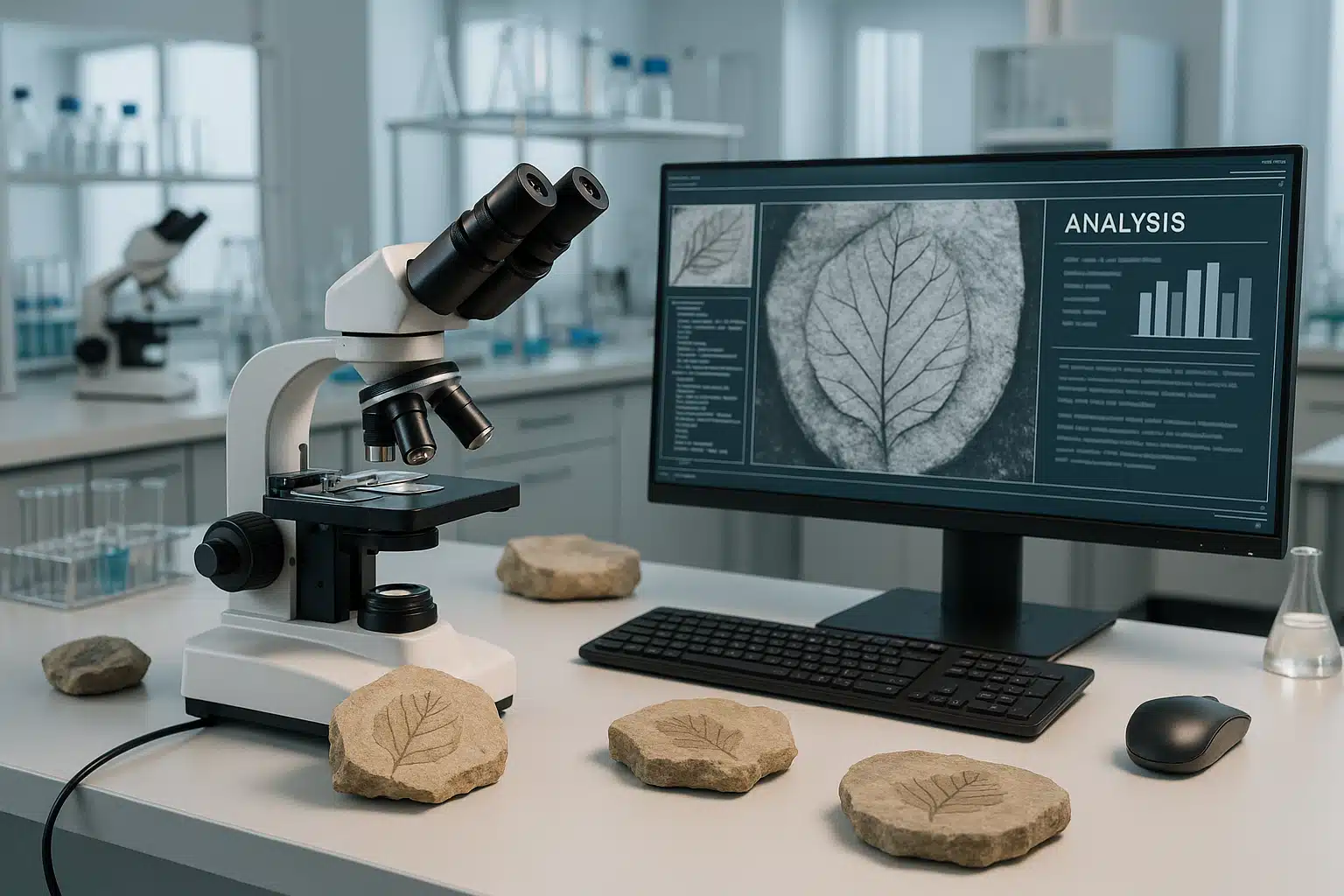 Scientific research laboratory with plant fossil specimens under microscope, computer screen showing fossil analysis, modern scientific equipment, clean professional research environment