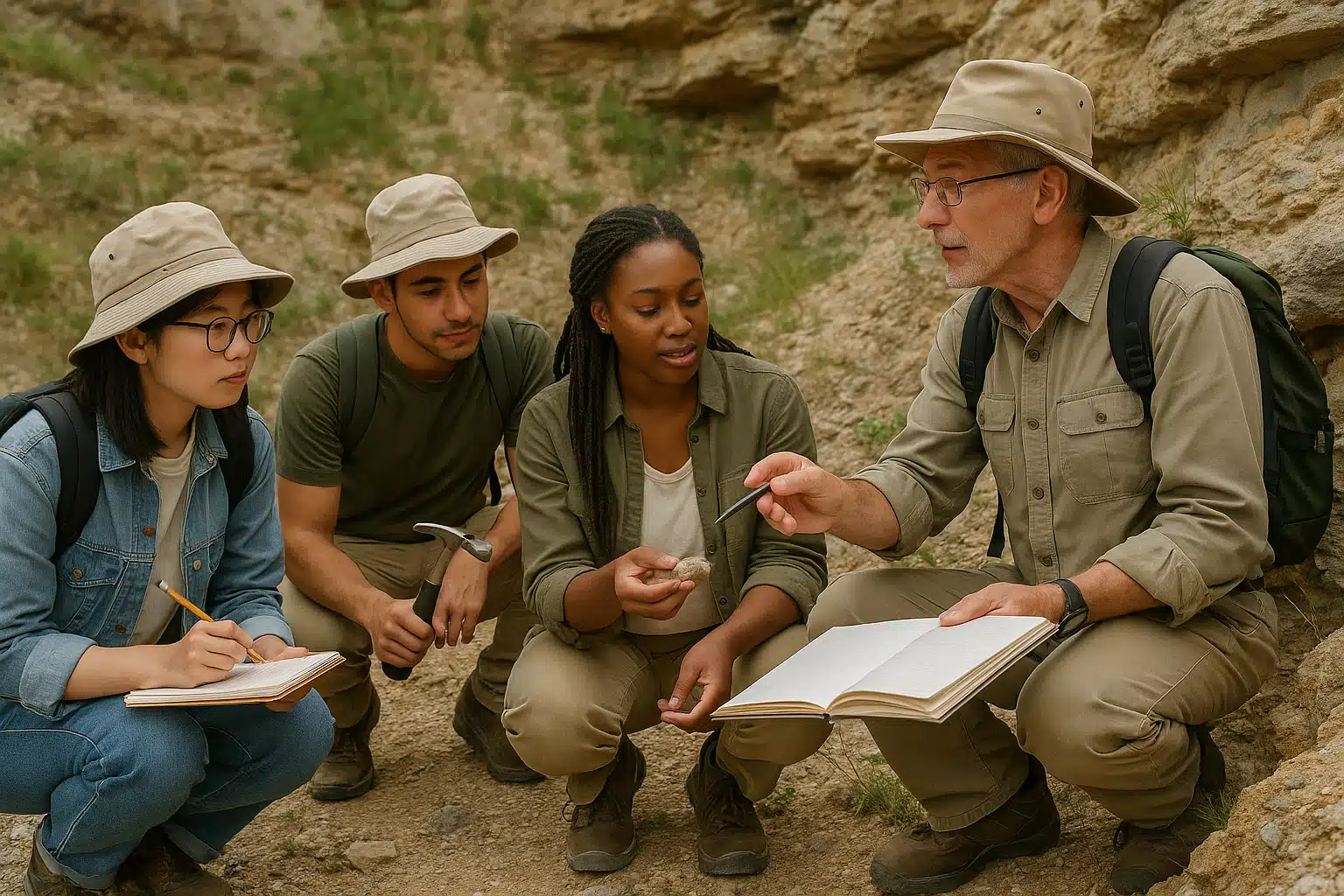 Group of diverse amateur paleontologists on an organized field trip with professional guide, examining geological formations responsibly, educational outdoor setting, collaborative learning atmosphere