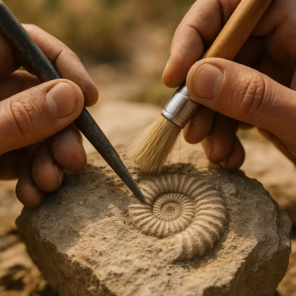 Hands carefully extracting fossil from rock matrix using chisel and brush, close-up detail shot, outdoor natural lighting, demonstrating proper technique
