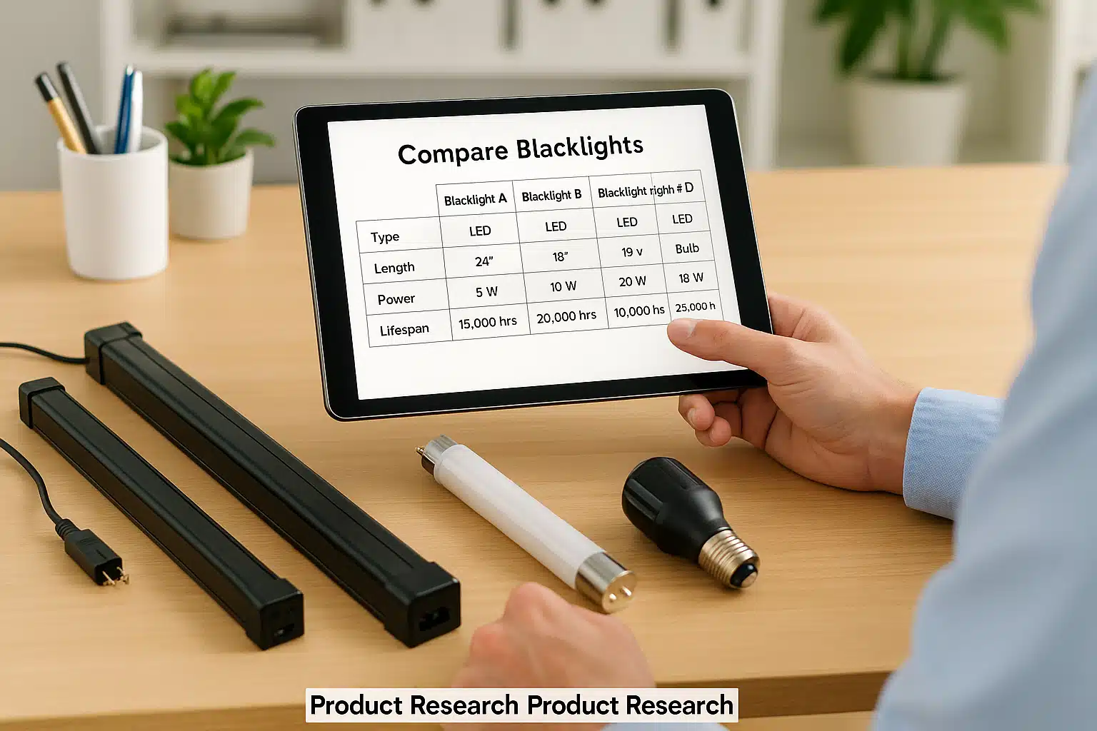 Person examining product specifications on a tablet screen while comparing different blacklight options laid out on a table, bright and organized product research setting