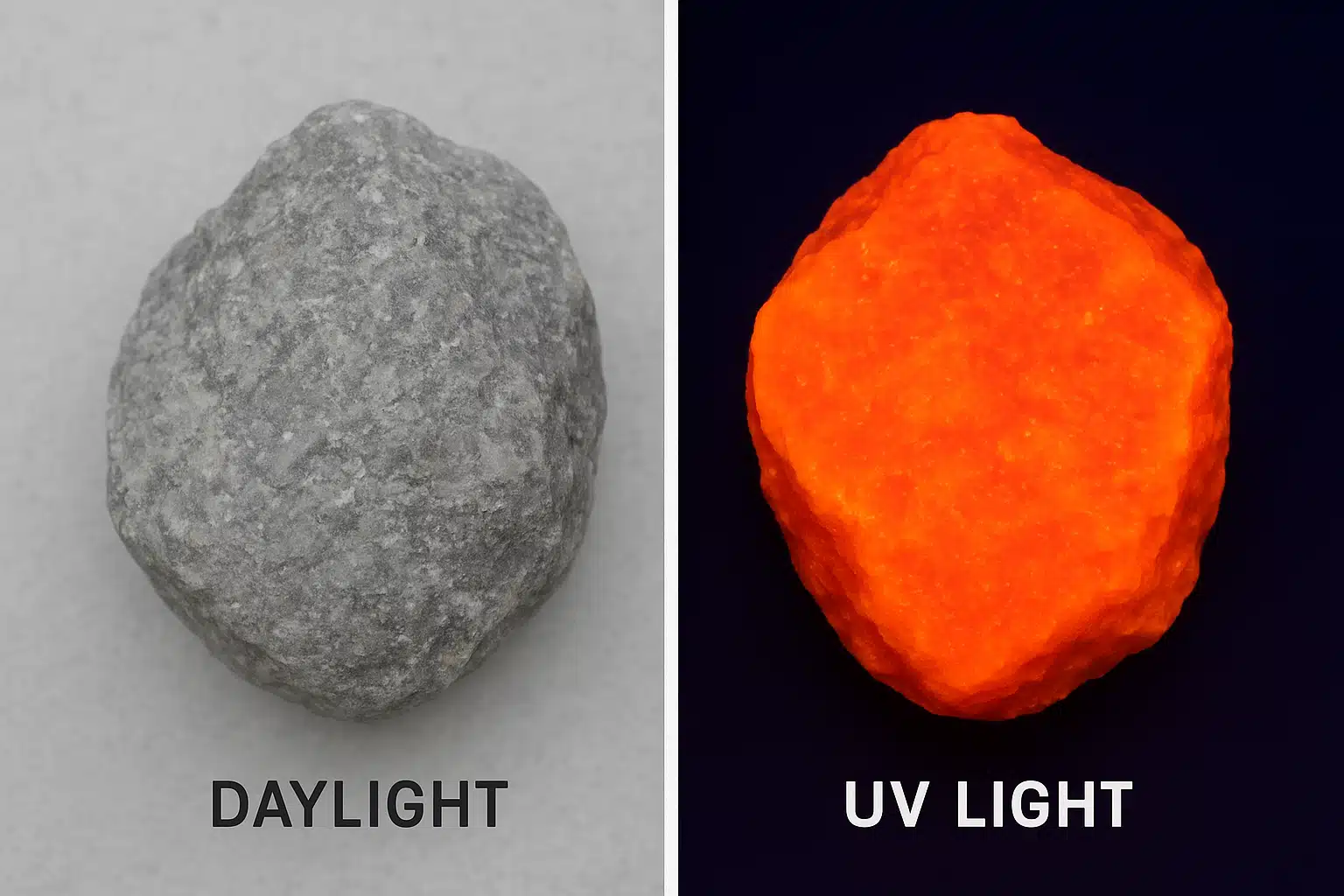 Split-screen comparison showing same fluorescent rock under daylight on left appearing as ordinary grey stone and under UV light on right glowing bright orange, scientific comparison photography style