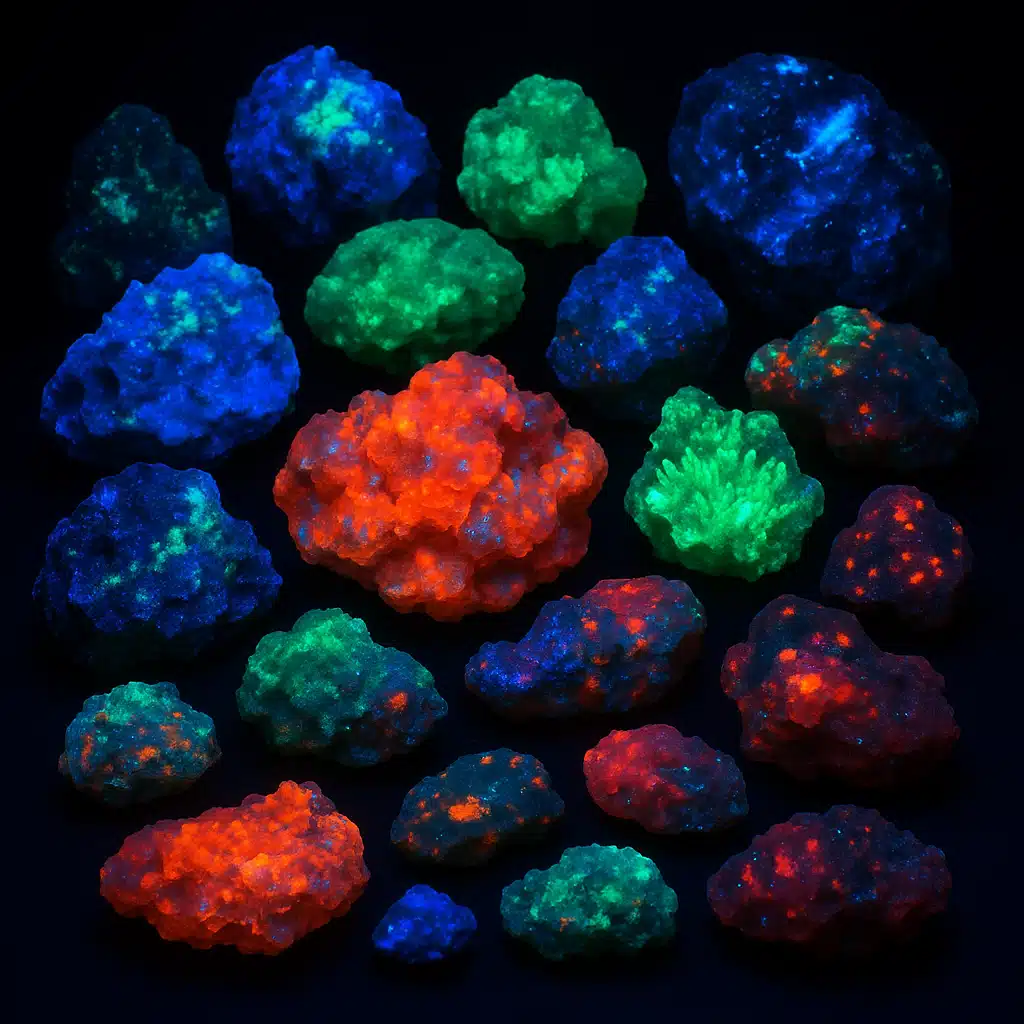 Spectacular fluorescent mineral display showing variety of specimens glowing in multiple colors including blue, green, orange, and red under UV light, arranged artistically against dark background, capturing the magical essence of mineral fluorescence