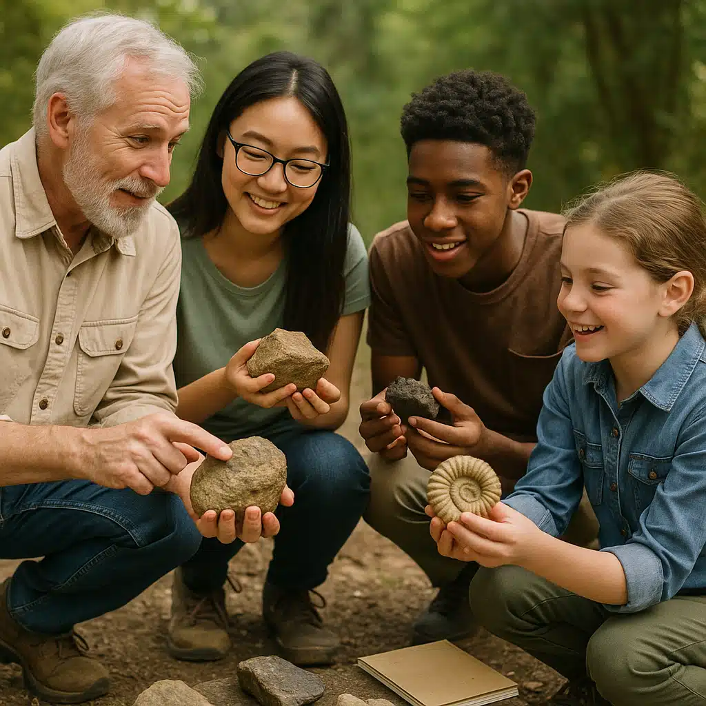 Group of diverse people examining rocks and fossils together outdoors, collaborative learning environment, natural setting, educational and engaging atmosphere