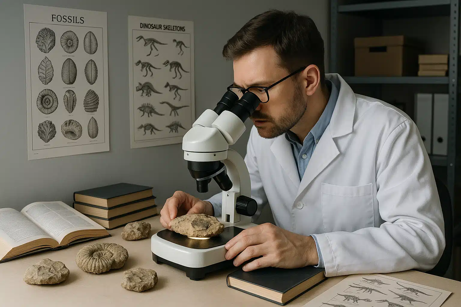 Scientist examining fossilized specimens under magnification in laboratory setting, reference books and classification charts visible, professional paleontology research environment