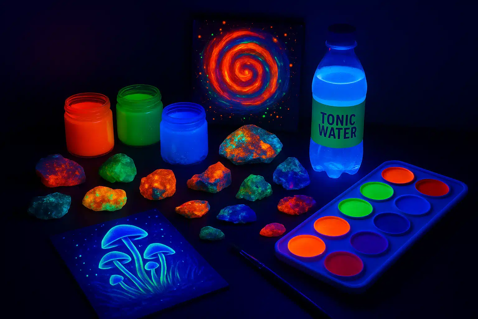 Creative setup showing various fluorescent materials glowing vibrantly under 365nm blacklight including reactive paints, minerals, tonic water, and artistic displays in a darkened room