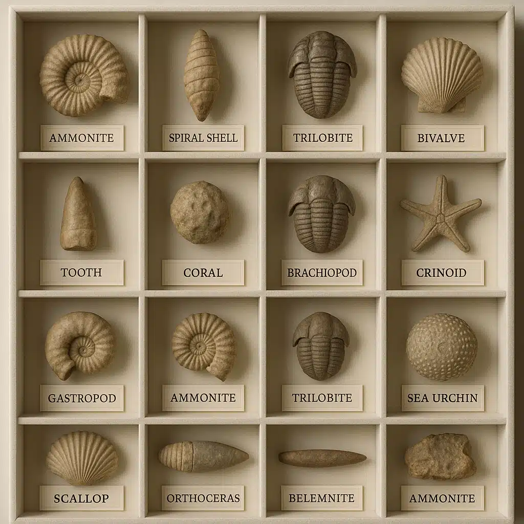 Organized fossil collection displayed in compartmentalized case with labels, various specimen types visible including shells and trilobites, clean professional arrangement, good lighting