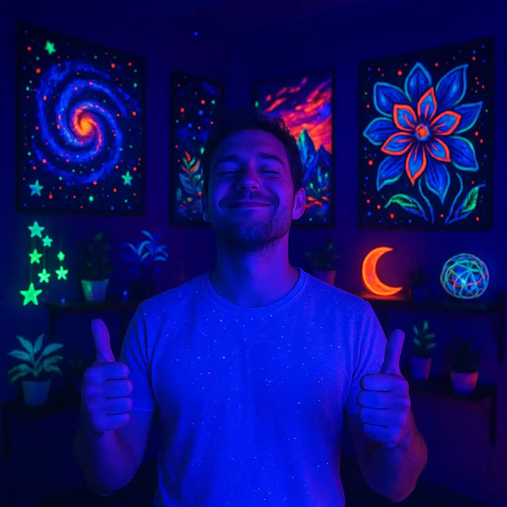 Satisfied person in a creatively lit space illuminated by quality blacklight showing vibrant fluorescent art on walls and glowing decorative elements, capturing the successful outcome of choosing the right equipment