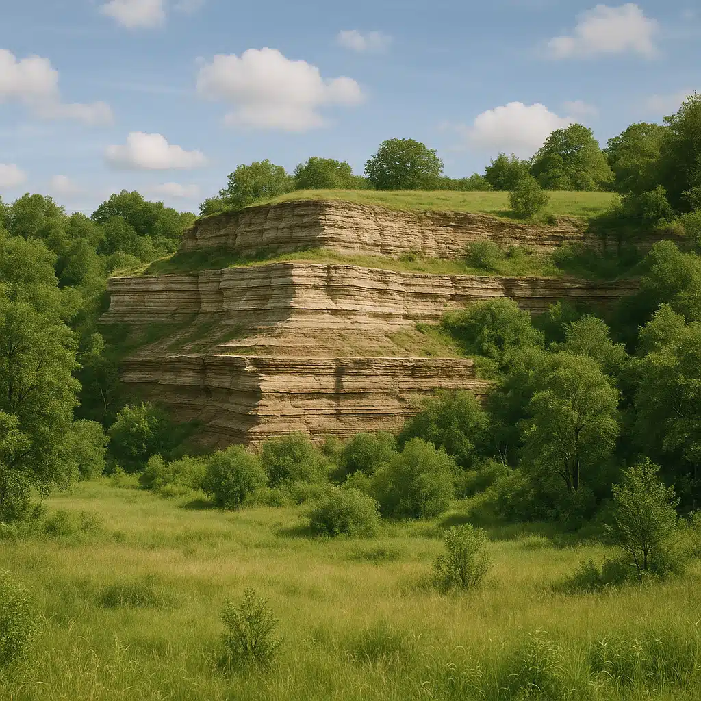 Peaceful natural landscape showing exposed sedimentary rock layers in protected environment, untouched and preserved, scenic geological formation, responsible conservation concept