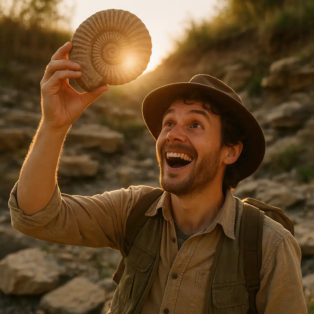 Enthusiastic fossil hunter holding discovered ammonite fossil up to sunlight, expression of joy and discovery, natural outdoor setting with sedimentary rocks, inspiring and educational moment