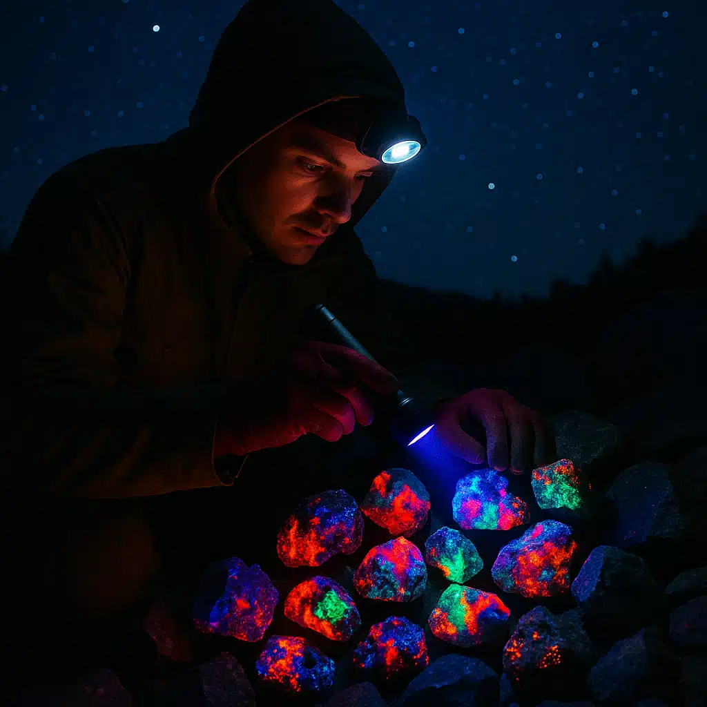 Person wearing headlamp examining fluorescent minerals with UV light in outdoor nighttime setting, rocks glowing with vibrant colors, starry sky background, adventurous and safe atmosphere