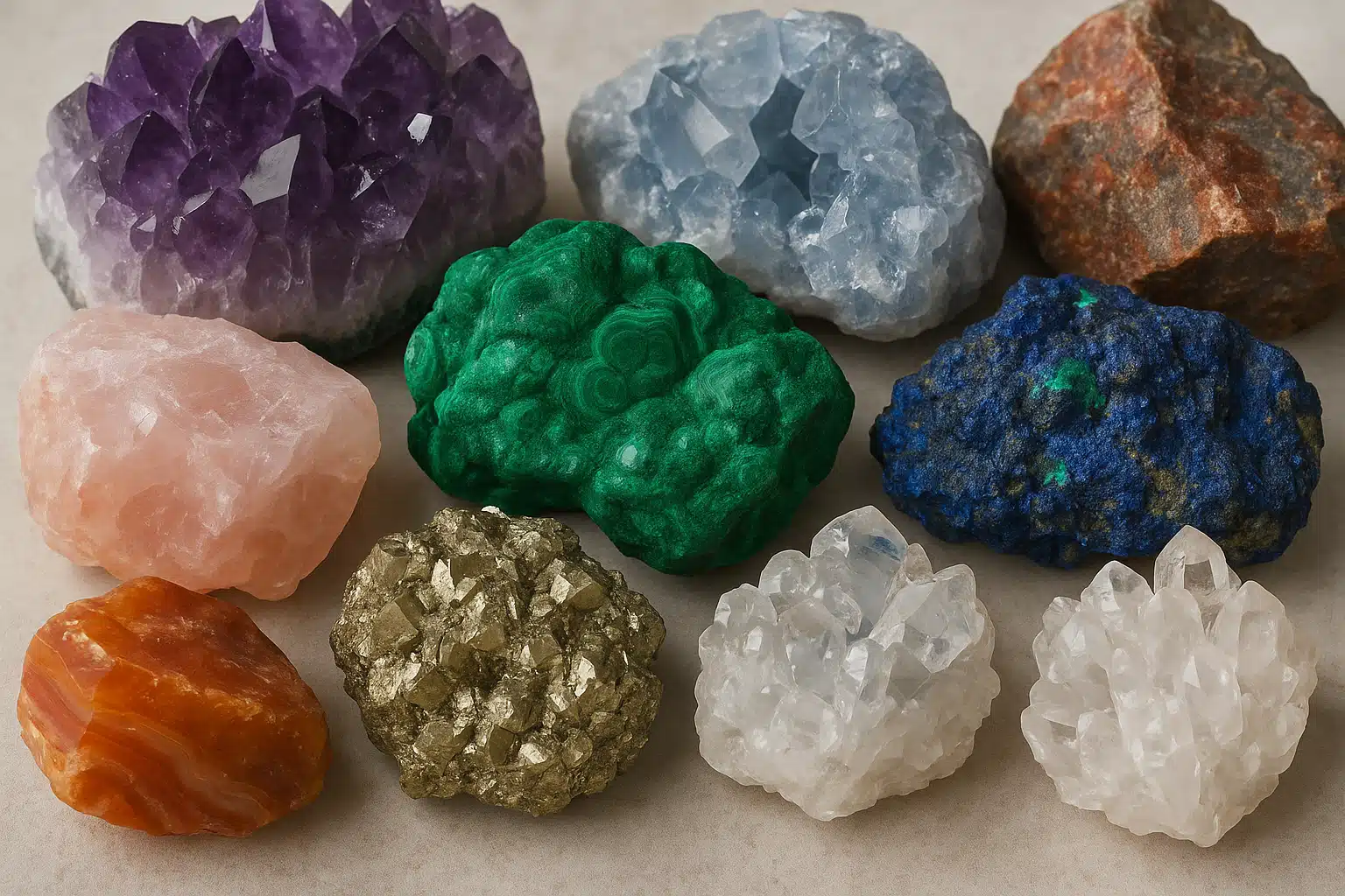Close-up view of various colorful mineral specimens arranged on a neutral surface, showing different textures and crystal structures, professional photography with natural lighting
