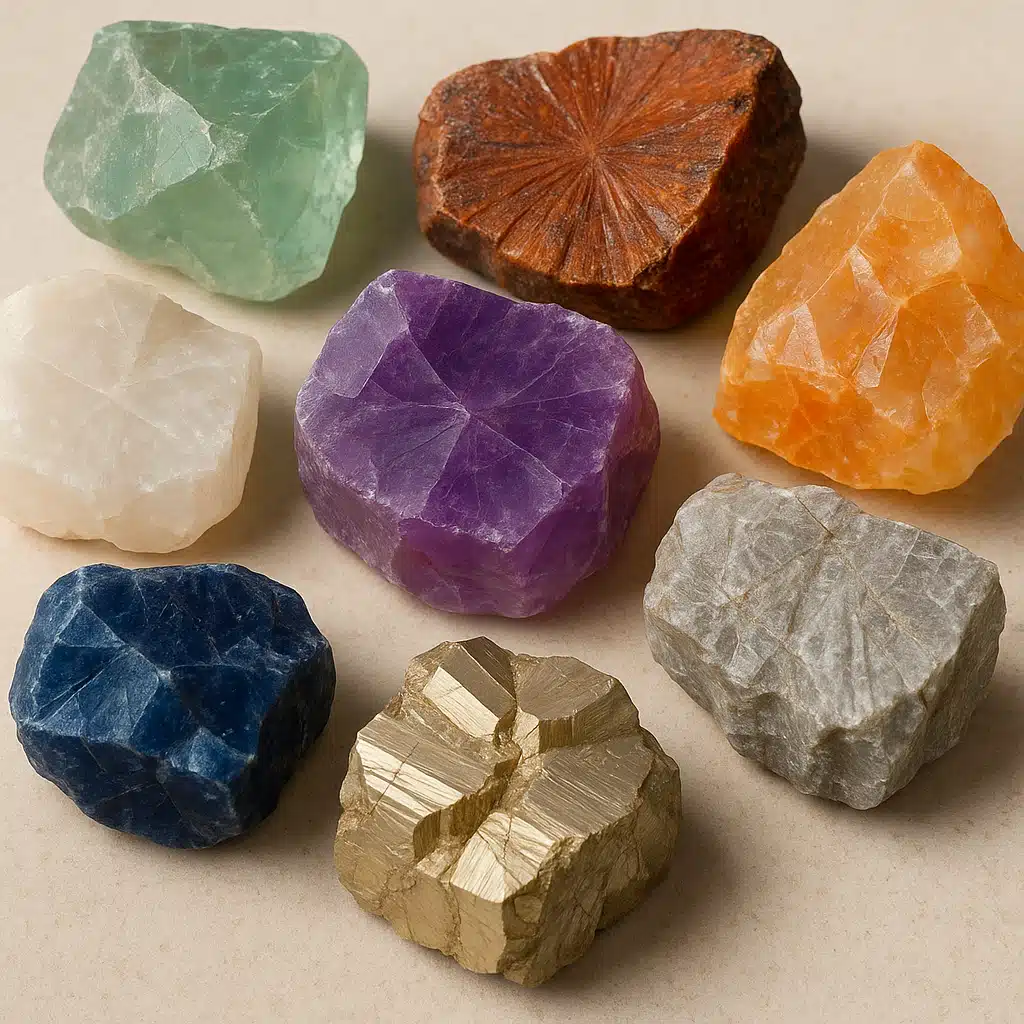 Close-up photograph of various colorful mineral specimens displaying different breaking patterns on a neutral surface, natural lighting, educational and scientific presentation style