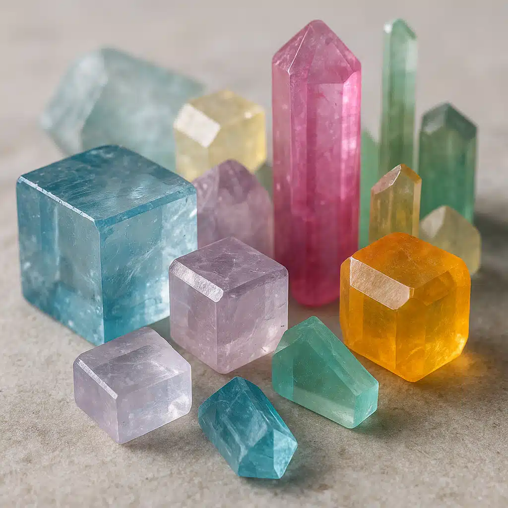 Close-up macro photograph of various colorful crystal formations showing geometric patterns, including cubic, hexagonal and prismatic shapes, arranged on a neutral surface with soft natural lighting highlighting their transparent and translucent qualities
