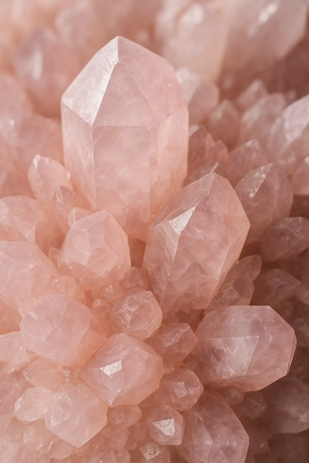 Close-up photograph of pink crystal formations showing natural geometric patterns and translucent surfaces with soft natural lighting highlighting the mineral structure