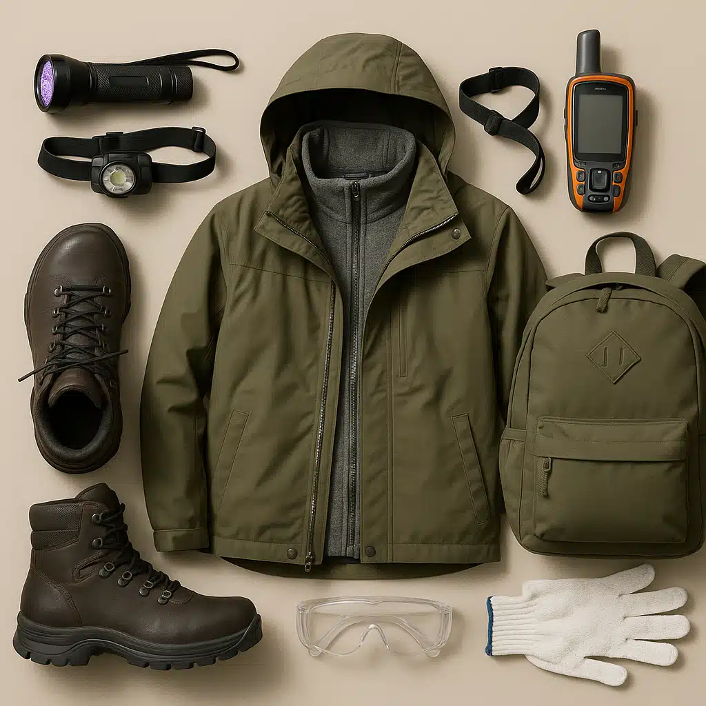 Flat lay arrangement of night collecting equipment including UV flashlight, headlamp, GPS device, sturdy boots, layered outdoor clothing, backpack, and safety gear on neutral background, professional product photography style
