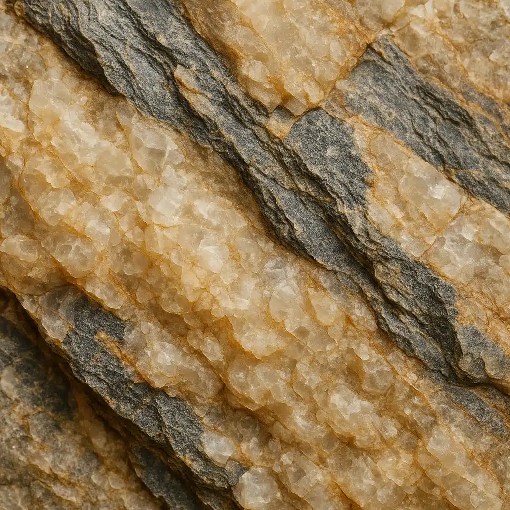 Close-up view of natural rock formations showing detailed textures, mineral patterns and crystalline structures, soft natural lighting, sharp focus on intricate surface details