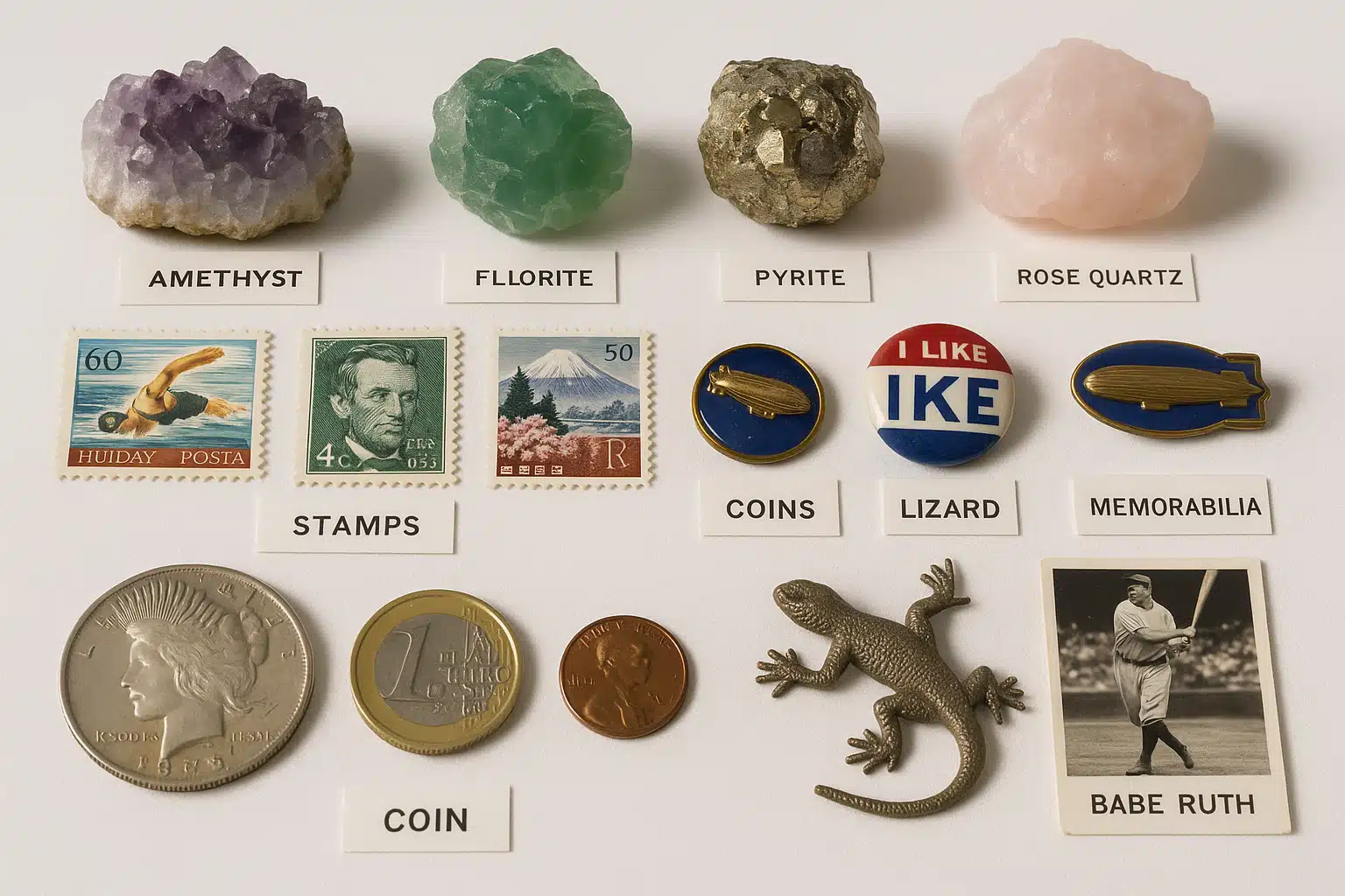 A diverse collection of collectible items including minerals, stamps, coins, and memorabilia arranged on a clean white surface with small identification labels beside each item, natural lighting, organized and professional presentation