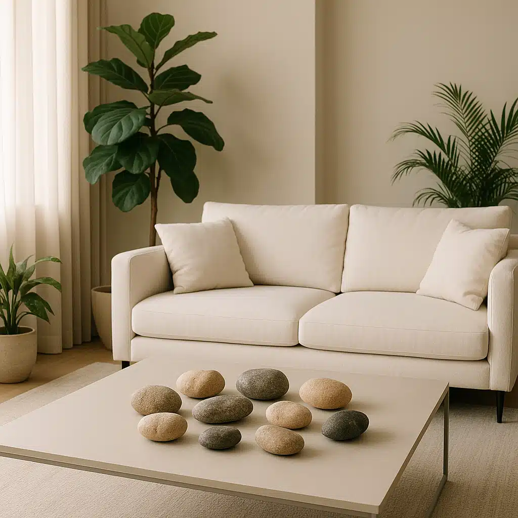Elegant modern living room featuring decorative natural stones arranged on a minimalist coffee table with indoor plants, soft natural lighting, contemporary interior design aesthetic