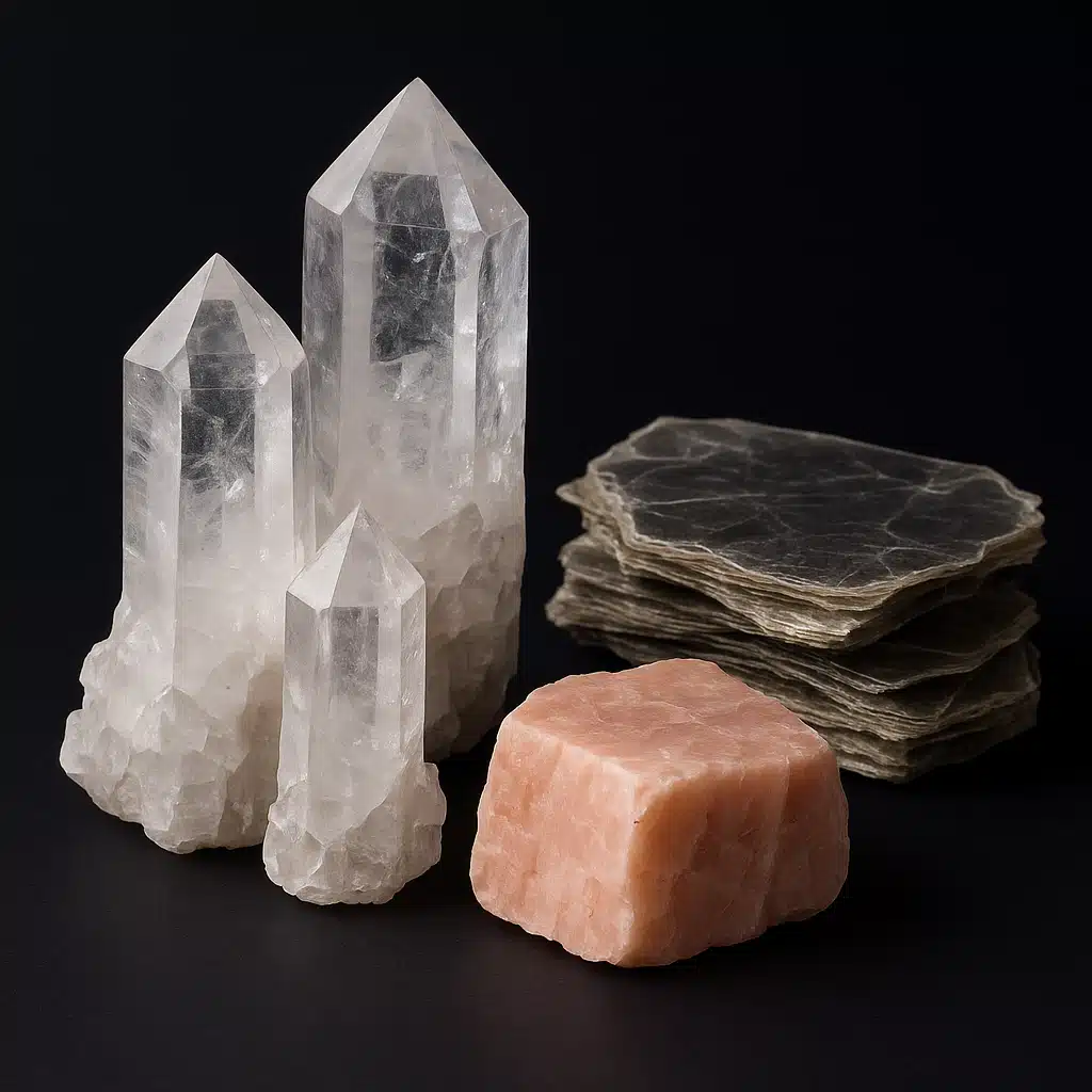 Collection of silicate minerals including clear quartz crystals, pink feldspar, and layered mica sheets displayed against a dark background, studio lighting highlighting crystalline structures