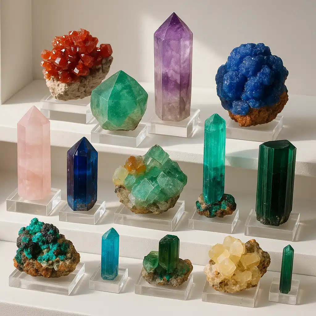A beautifully arranged collection of various colorful crystals and minerals displayed on clear acrylic stands on a white shelf, natural lighting, professional museum-quality presentation