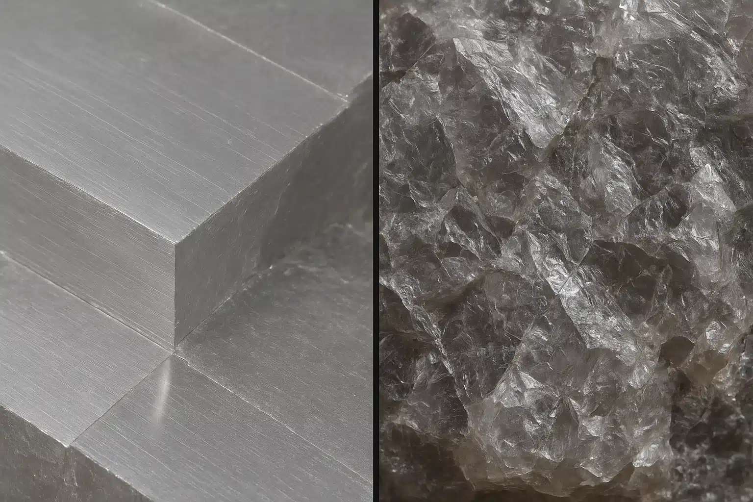Split-screen comparison showing smooth planar mineral cleavage on one side and irregular fractured surface on the other, macro photography, clear detail, educational diagram style