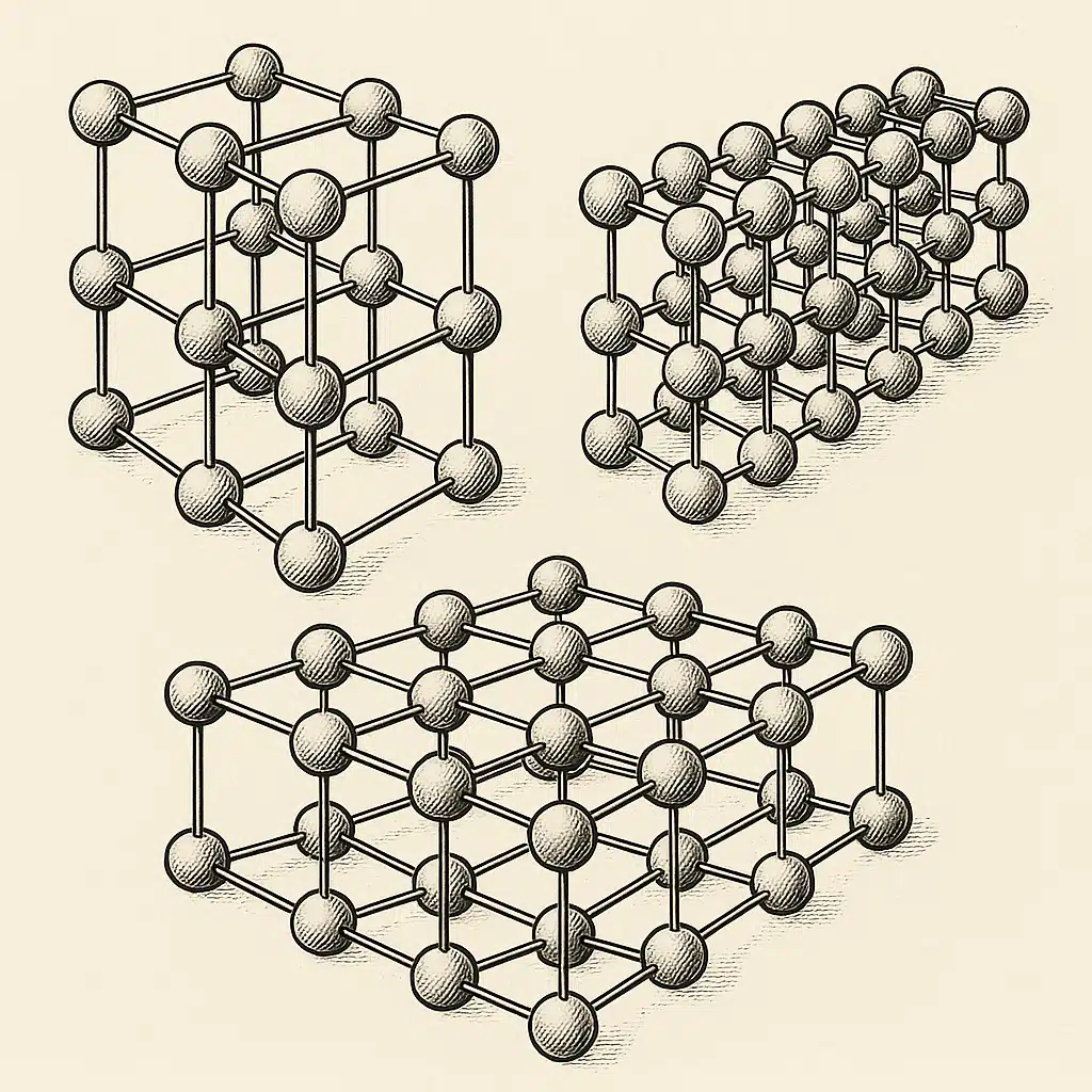 Scientific illustration showing atomic lattice structures in three-dimensional perspective with interconnected spheres representing atoms arranged in ordered patterns, rendered in educational style with clear geometric relationships visible