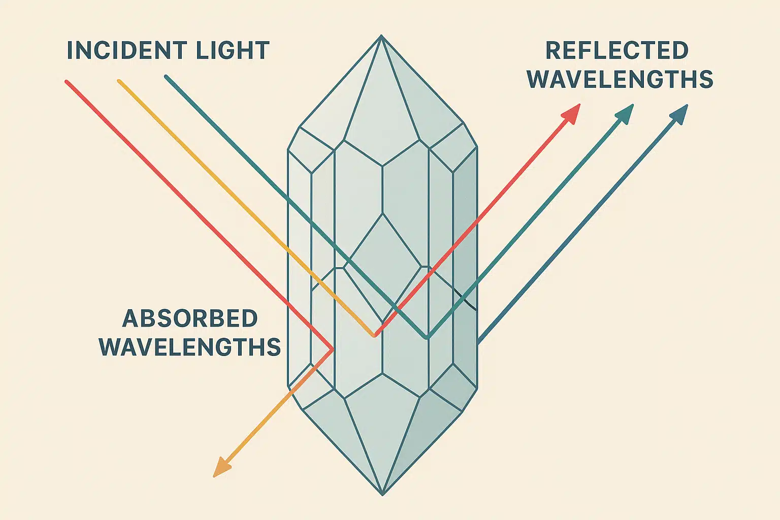 Scientific diagram illustration showing light rays passing through a crystal structure with some wavelengths being absorbed and others reflected, educational style with clean graphics