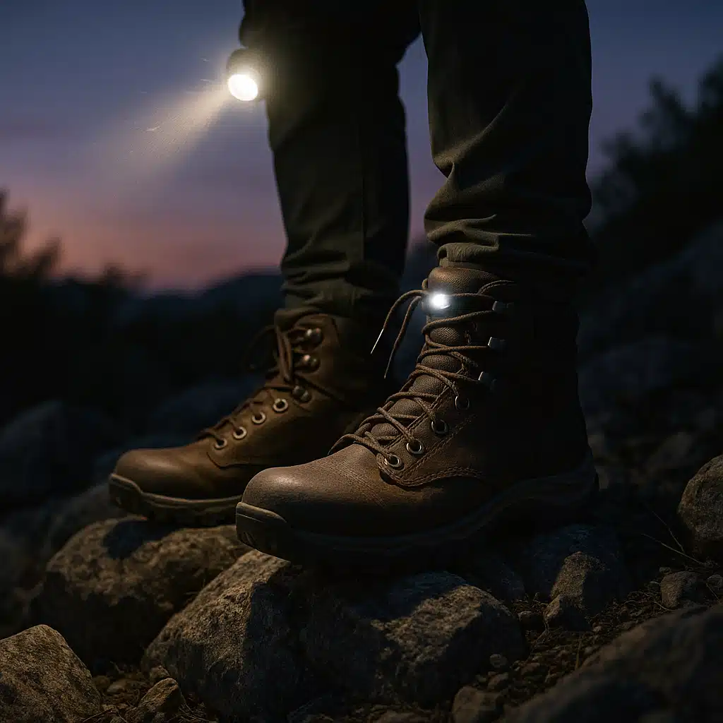 Close-up of hiking boots on rocky terrain at dusk with headlamp beam visible, sturdy outdoor footwear in natural setting, practical and adventure-focused composition