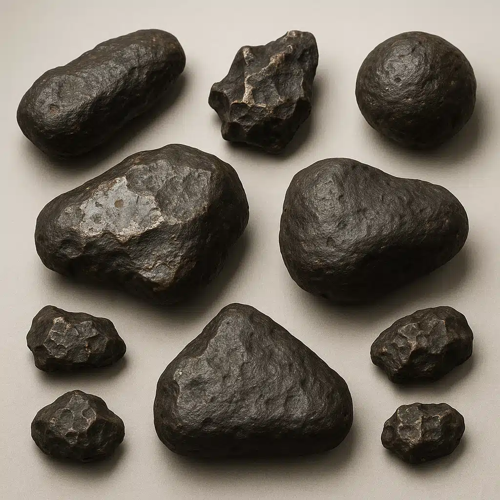 A collection of dark, irregular shaped meteorite specimens displayed on a neutral background, showing fusion crust and metallic features, museum-quality lighting, educational and scientific presentation