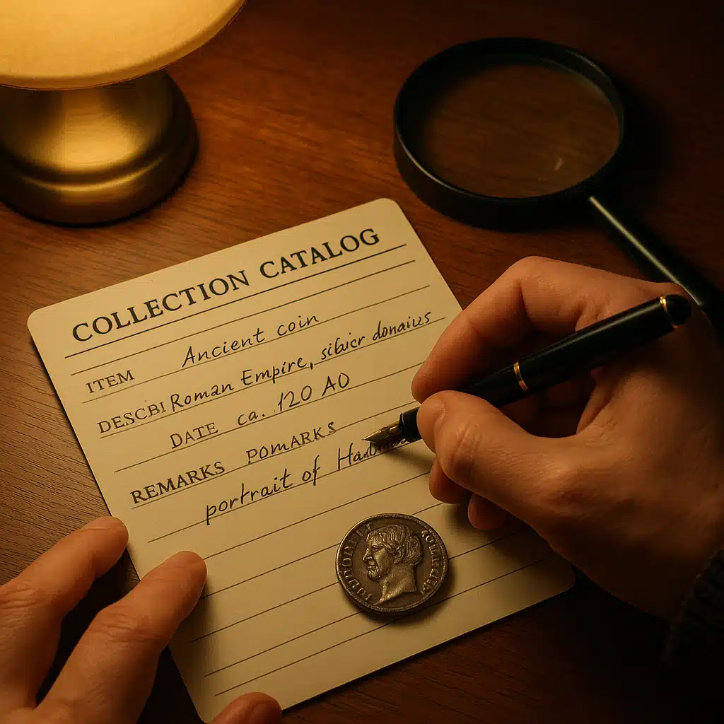 Close-up of hands writing detailed information on a collection catalog card next to a magnifying glass and collectible item, warm desk lamp lighting, scholarly and meticulous atmosphere