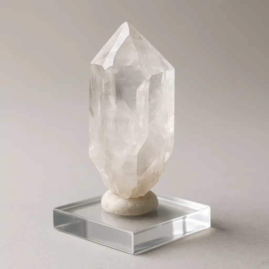 Close-up of a single translucent crystal specimen securely mounted on a clear acrylic base with mineral tack, soft studio lighting highlighting the crystal's natural facets and clarity