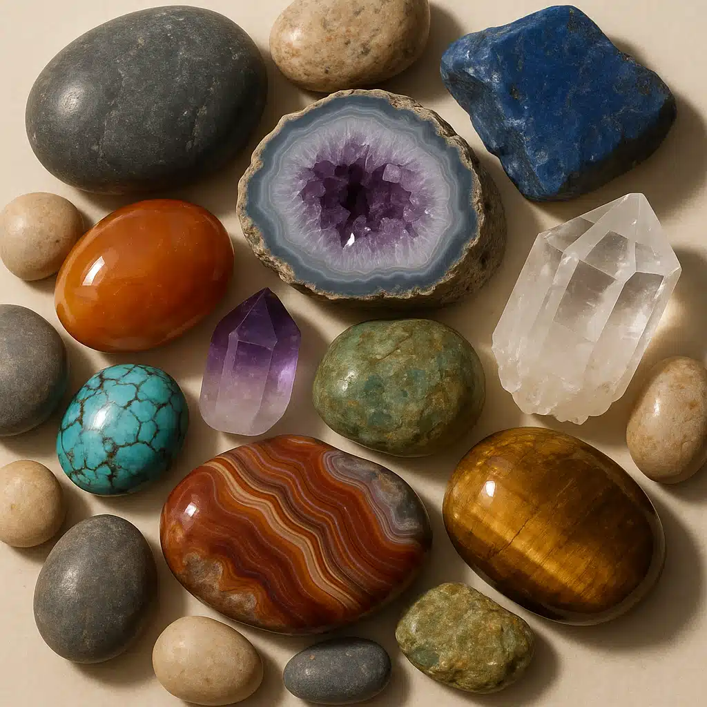Close-up arrangement of various polished and natural stones in different colors and textures including river rocks, geodes, and crystals, displayed on neutral background with soft shadows
