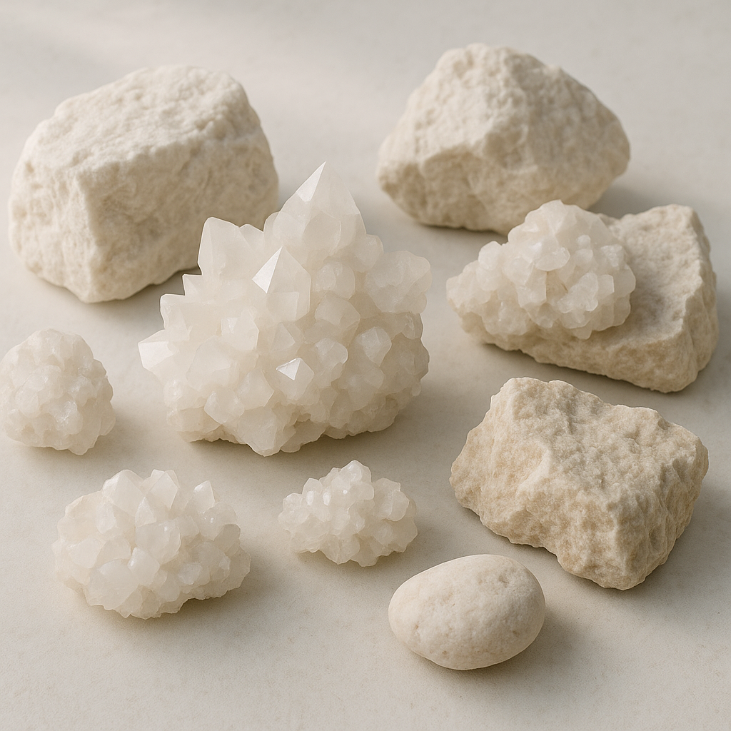 White and cream-colored carbonate minerals including calcite crystals and limestone samples on a light surface, soft natural lighting emphasizing texture and form
