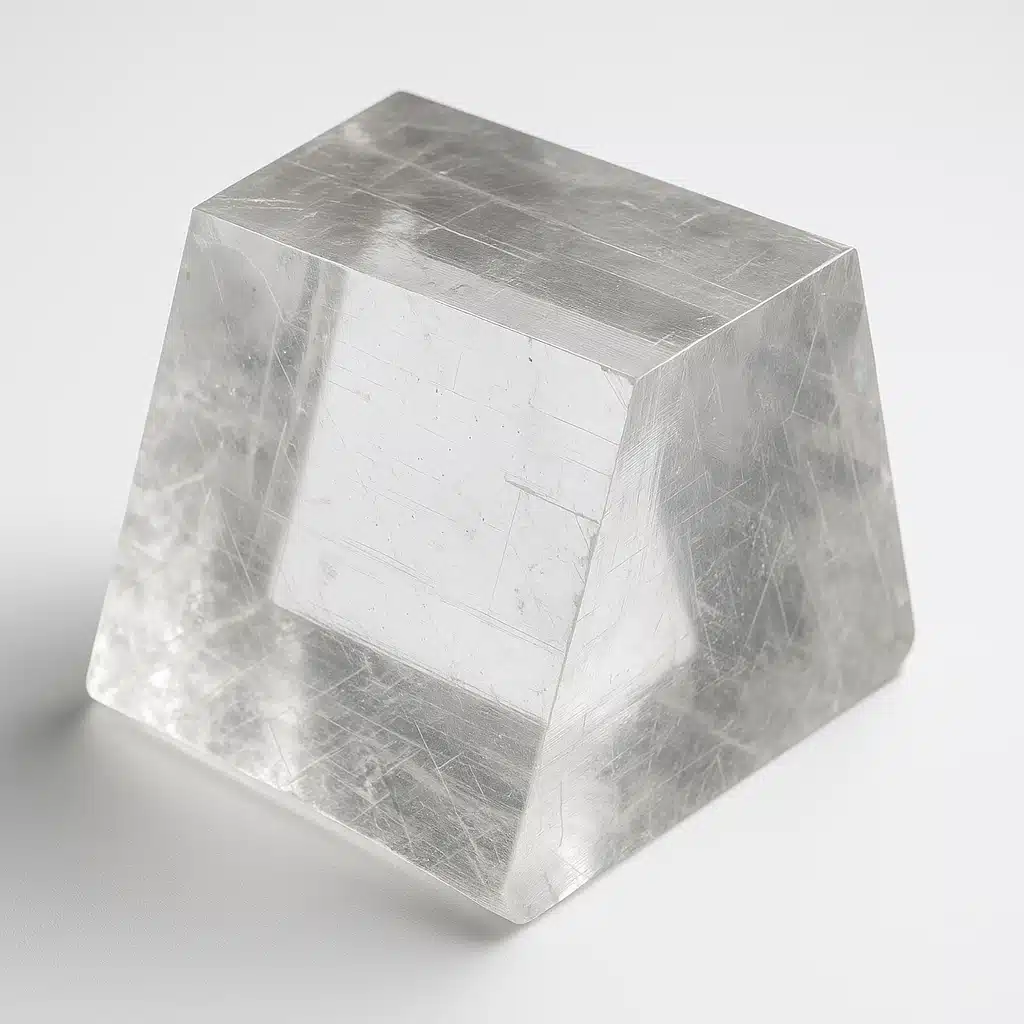 Transparent calcite crystal showing clear rhombohedral cleavage planes, studio lighting highlighting the geometric flat surfaces, white background, detailed mineralogy specimen photography