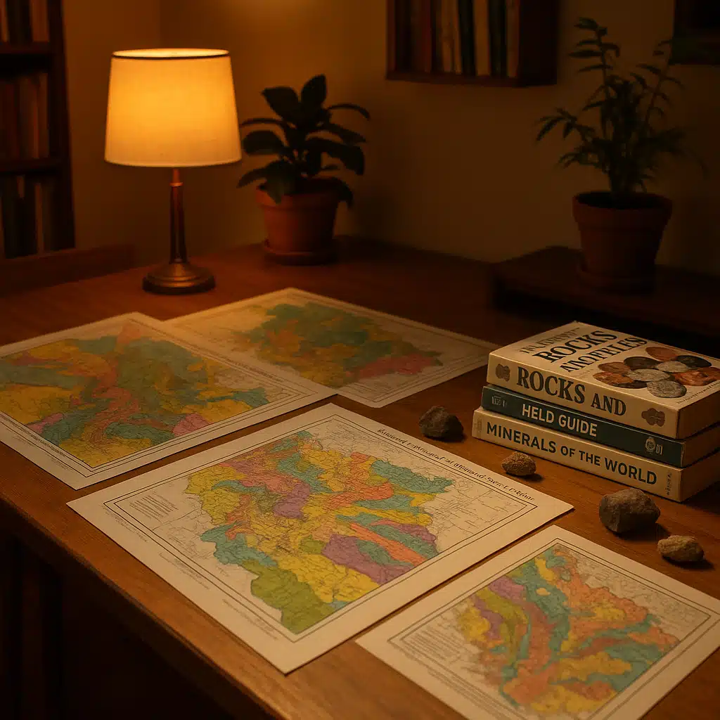 A cozy indoor workspace with geological maps spread across a wooden table, rock and mineral guidebooks stacked nearby, warm ambient lighting creating an inviting study atmosphere