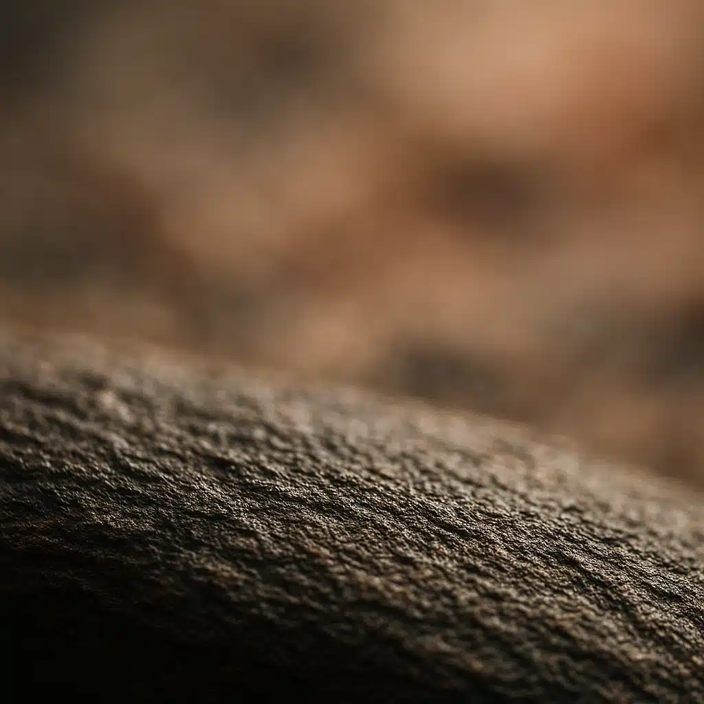 Demonstration of shallow depth of field in macro photography, showing sharp focus on textured surface details in foreground with smoothly blurred background, professional photographic technique