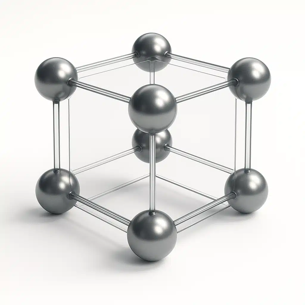 Detailed 3D rendering of a cubic crystal structure showing perfect symmetry with atoms positioned at corners and faces of a cube, transparent surfaces revealing internal atomic arrangement, clean white background with subtle shadows